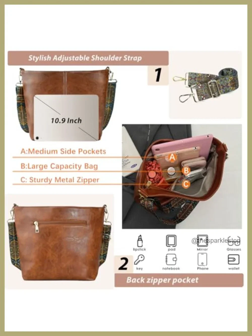 Vegan Leather Hobo Crossbody Bag with Zipper